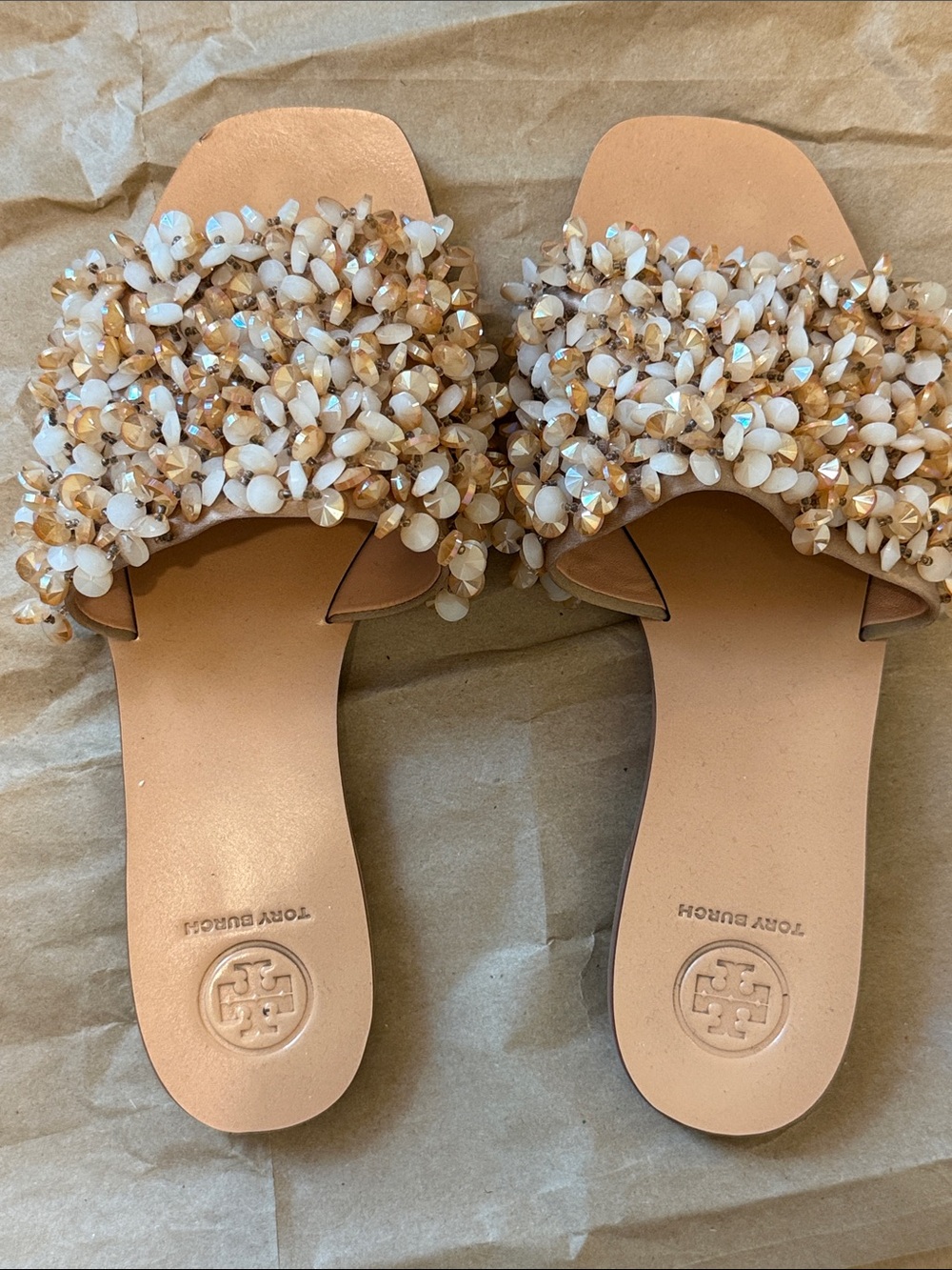Tory Burch Beaded Nude and Ivory Slide Sandals